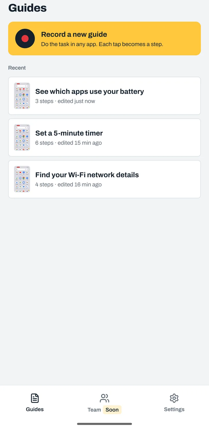 The TapGuide library with the Record a new guide button