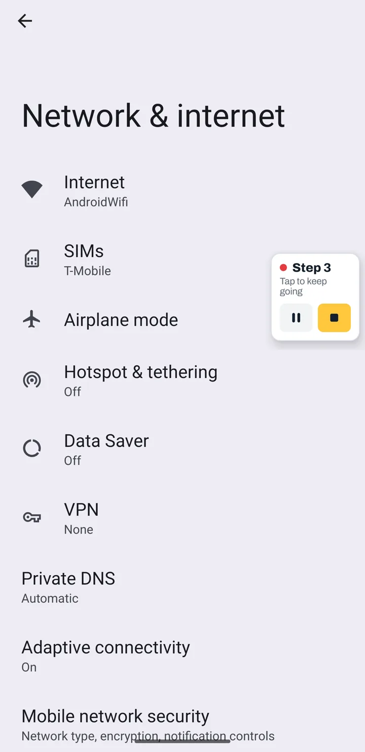 Recording in Android Settings, with the TapGuide bubble showing Step 3